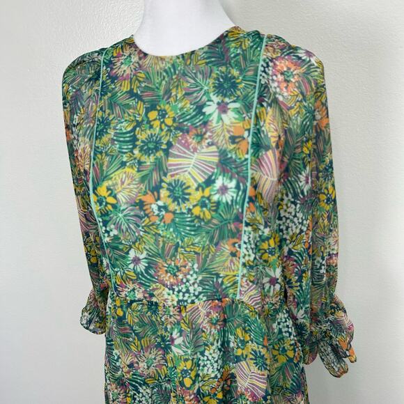 Kotidiano Floral Salma Dress Sheer Made in Spain Small Puff Sleeves Ruffle Boho - Picture 4 of 13